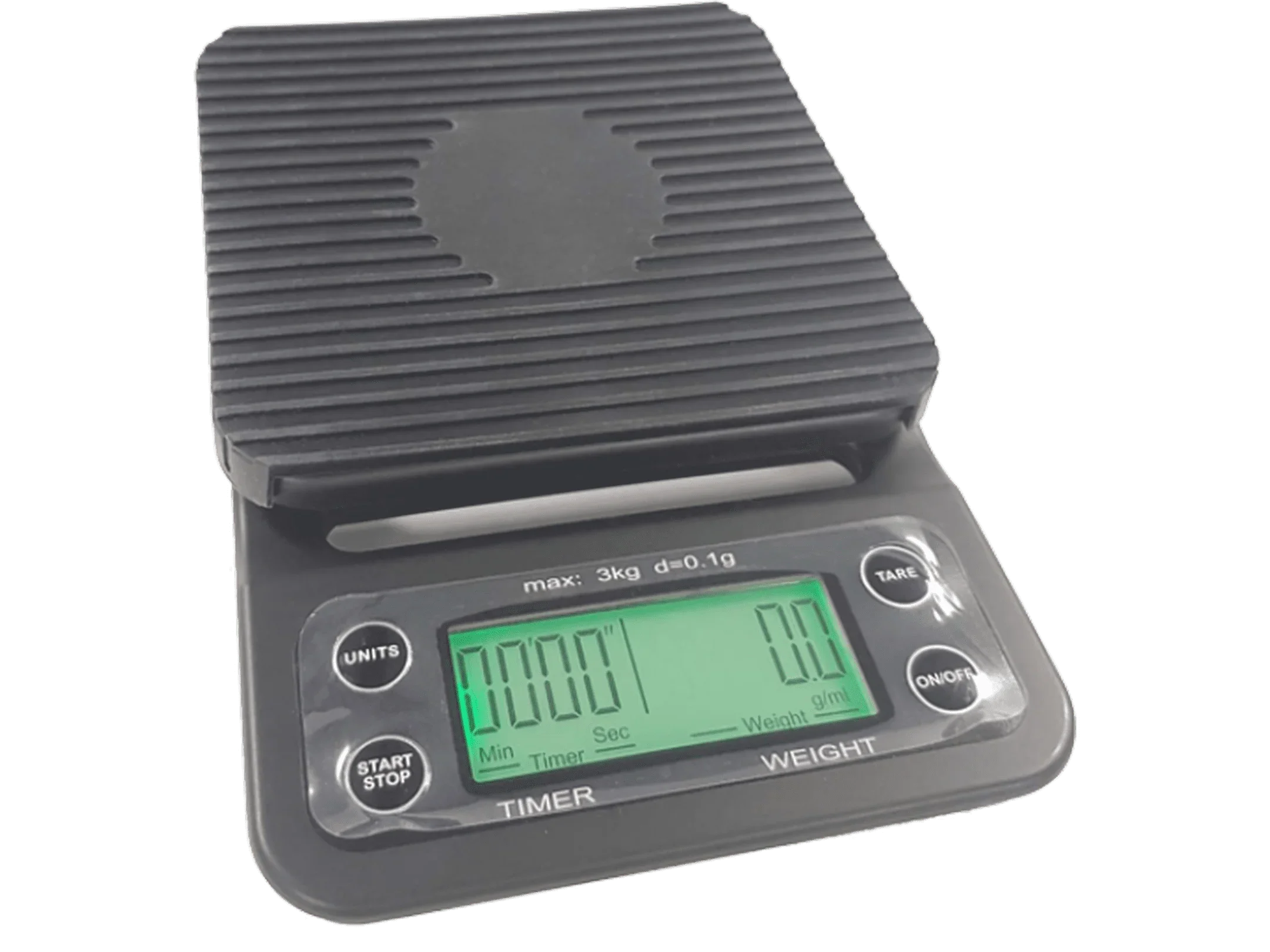 Digitale koffieschaal met timer en weegfunctie tot 3 kg, ideaal voor nauwkeurig barista gebruik