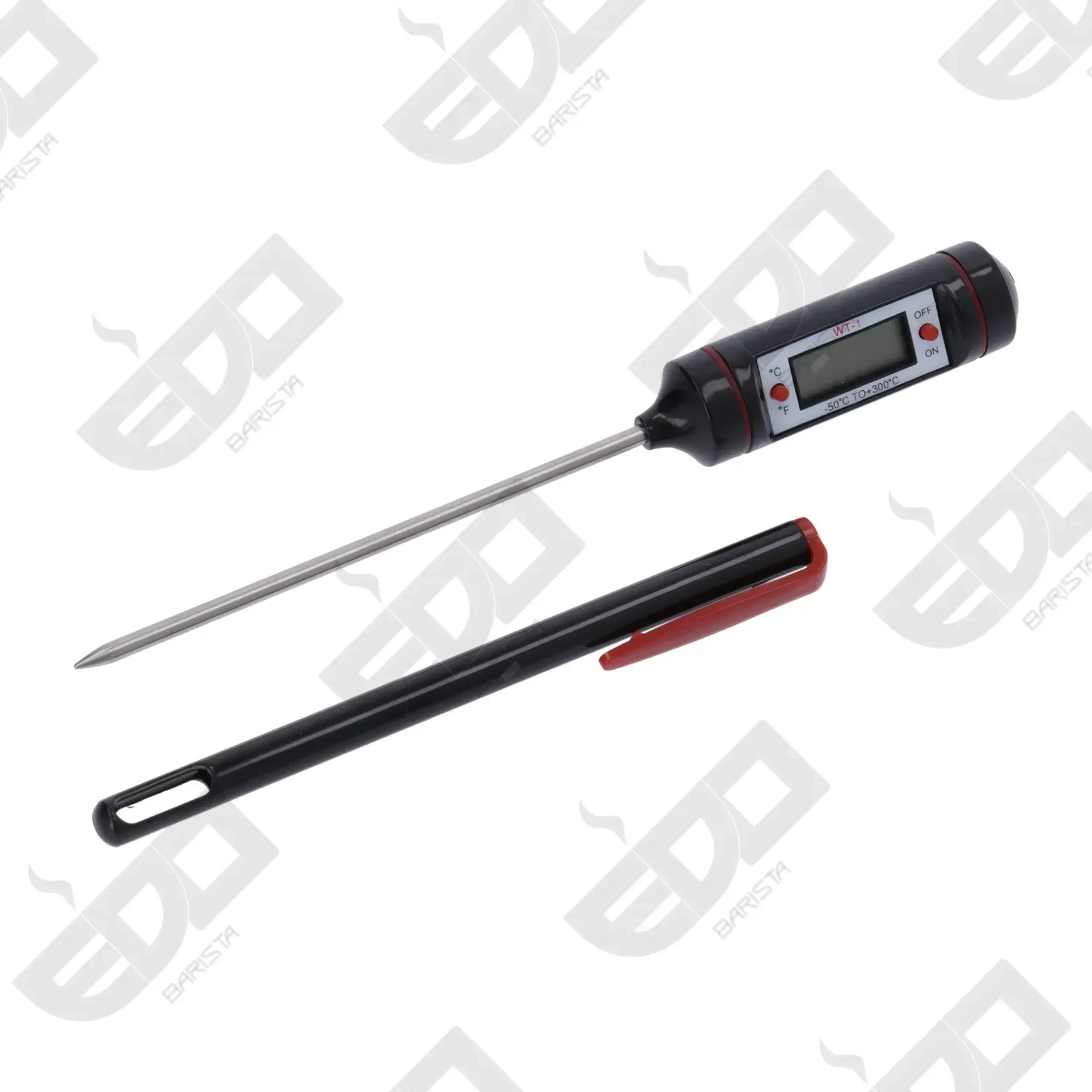 Digitale voeler thermometer met zwart-rode beschermhoes, geschikt voor koffie en barista gebruik