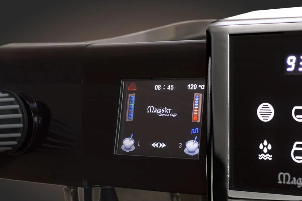 Close-up van displaypaneel en bediening van Magister Sistema Caffè espressomachine met temperatuur- en koffiesymbolen