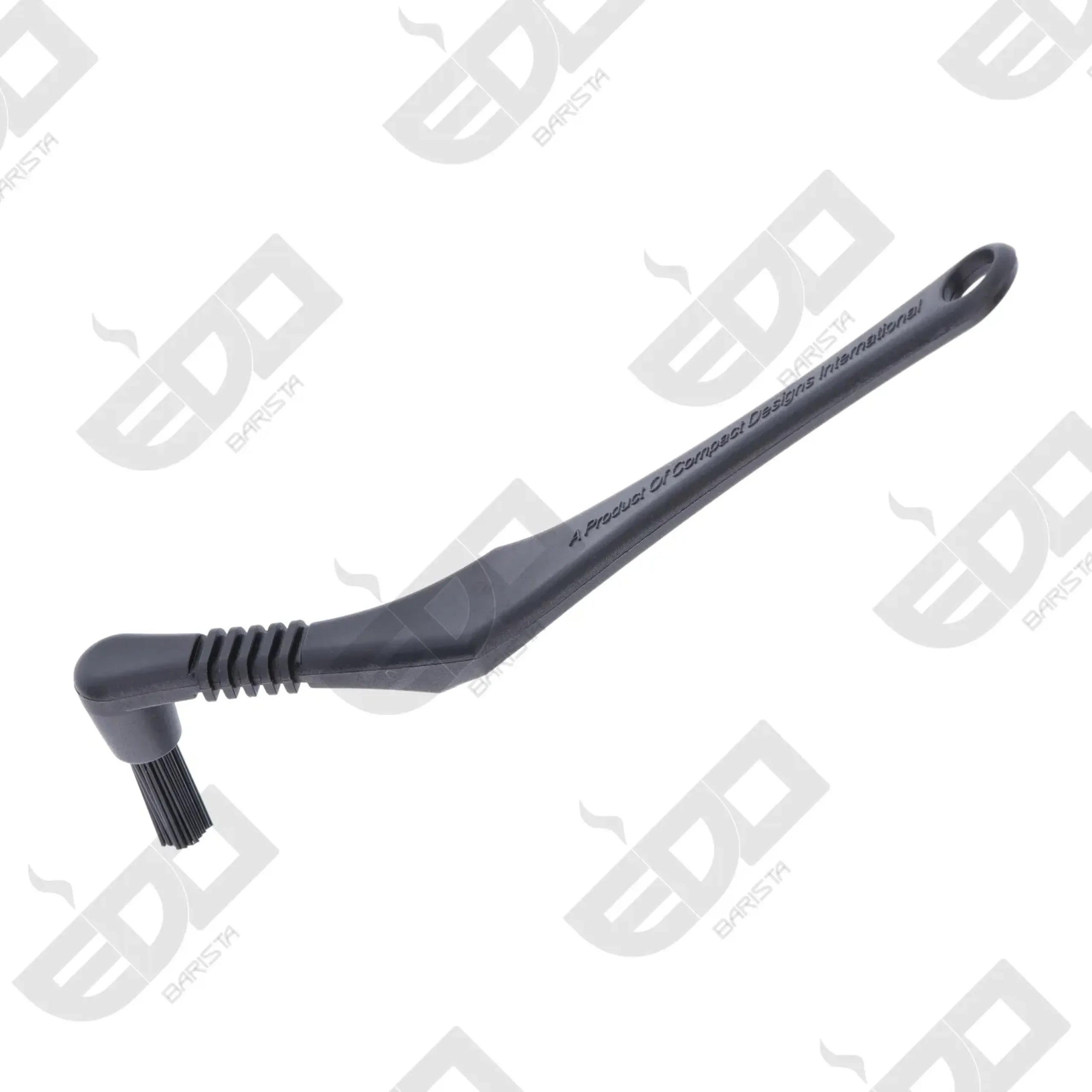 Zwarte reinigingsborstel voor espressomachines met lange grip en kleine haren