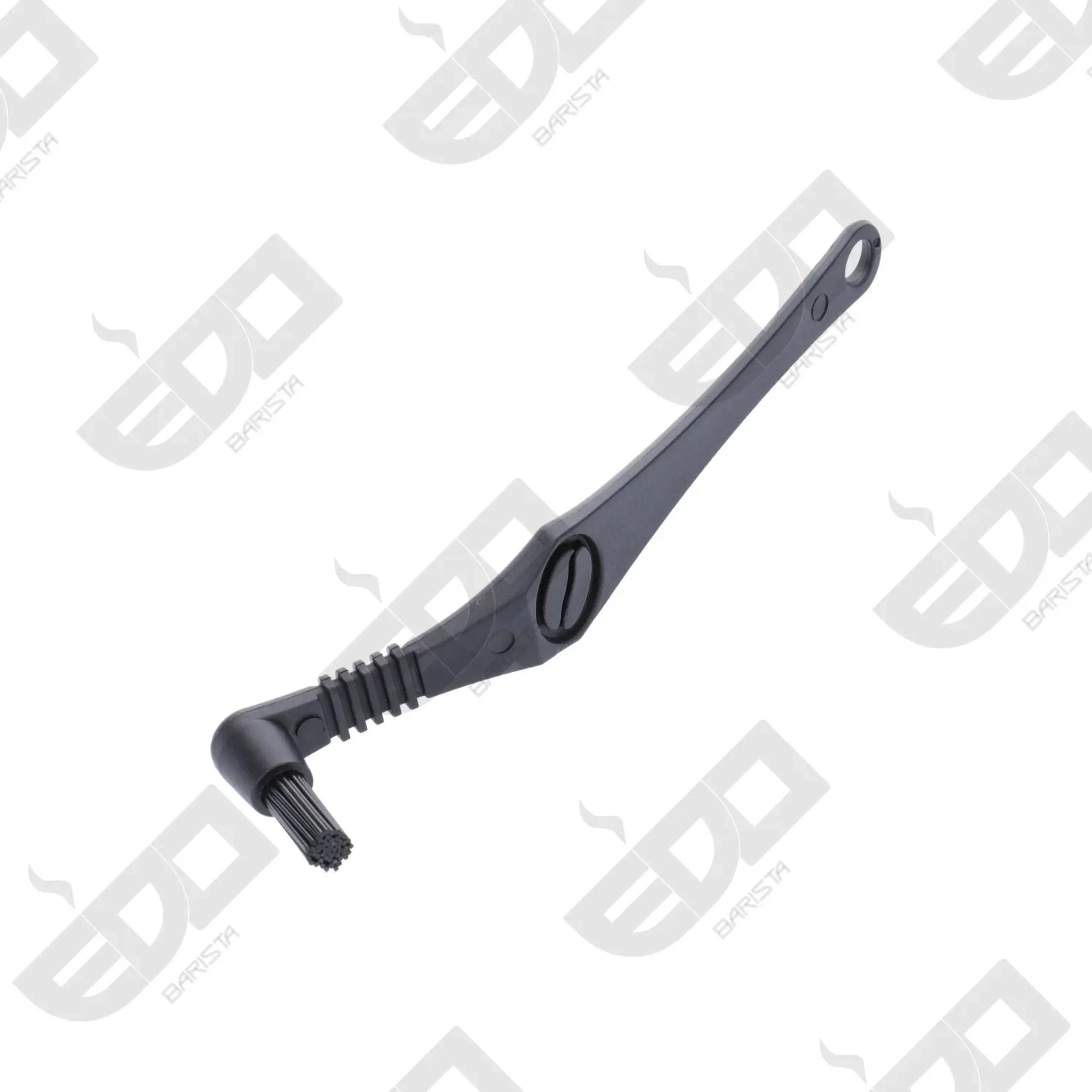 Zwarte reinigingsborstel voor espressomachines met gebogen handvat en haren aan het uiteinde