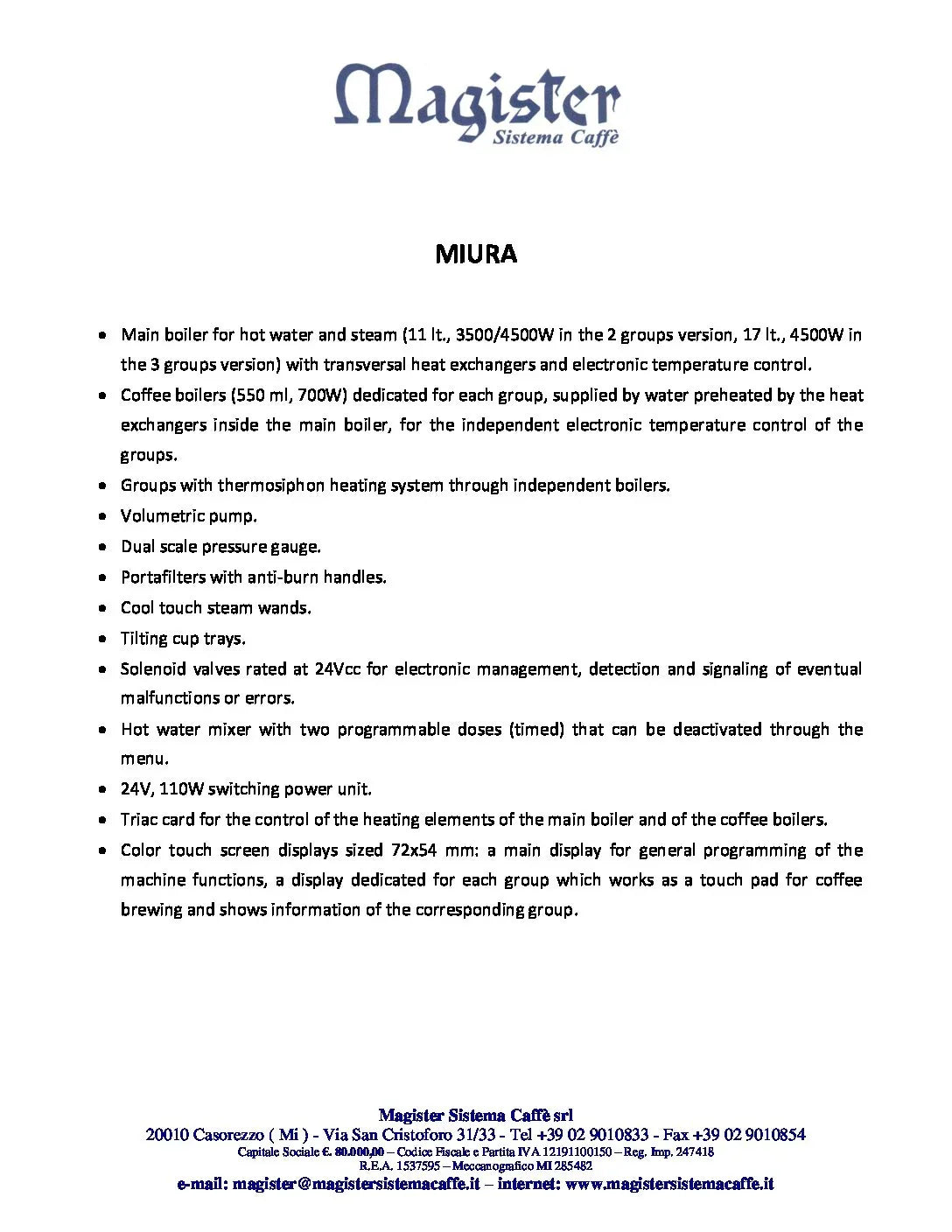 Magister Miura espressomachine datablad met technische specificaties zoals boilers, pompen en touch scherm
