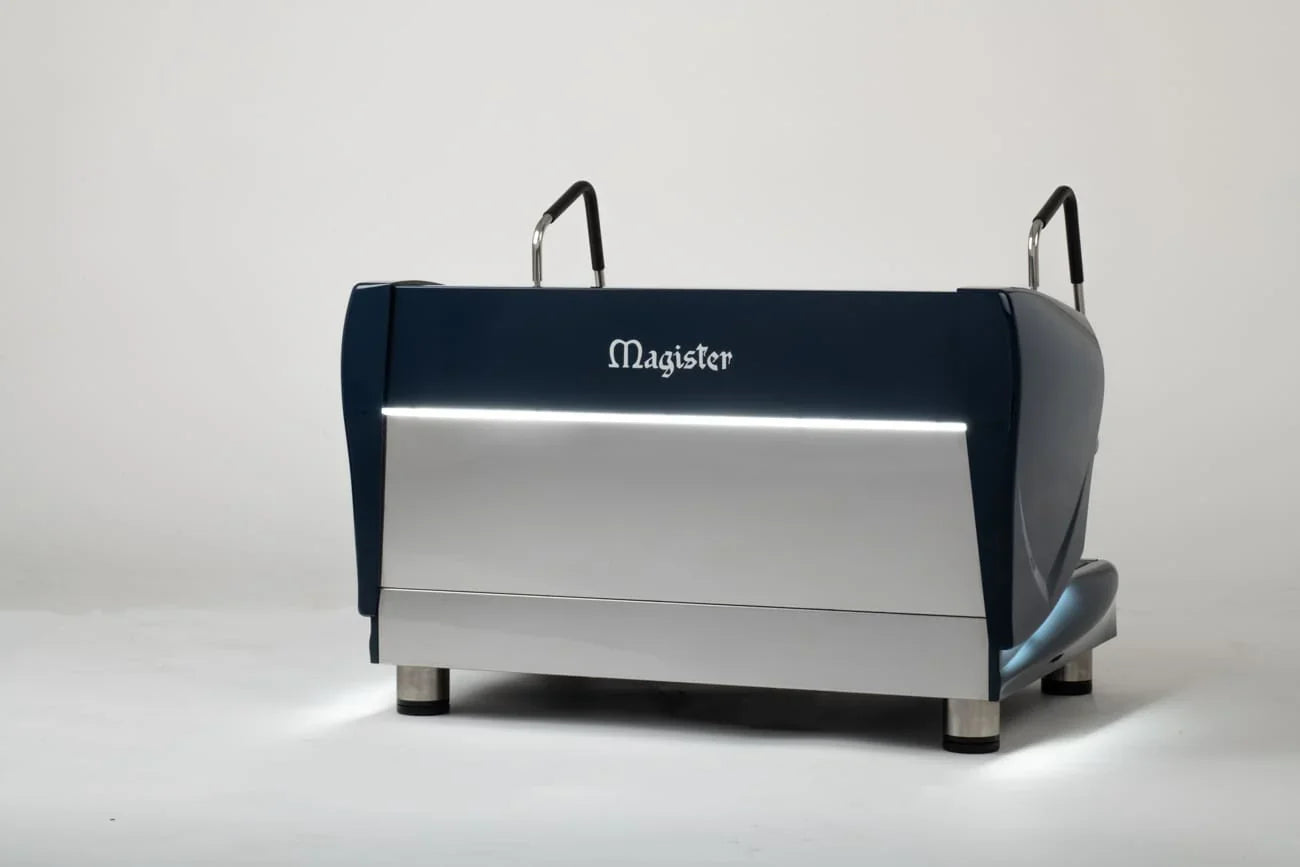 Magister professionele espressomachine in blauwe en zilveren kleur, modern design