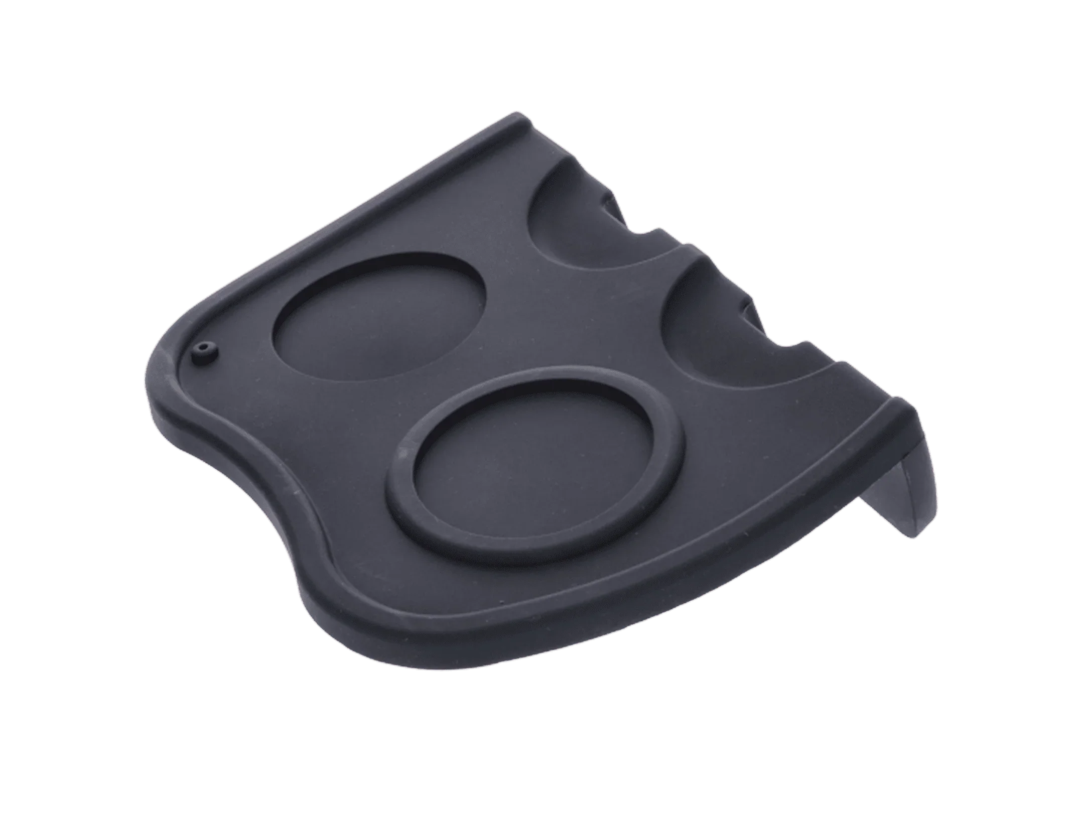 Zwarte rubberen tamper mat met uitsparingen voor koffiebenodigdheden, barista accessoire