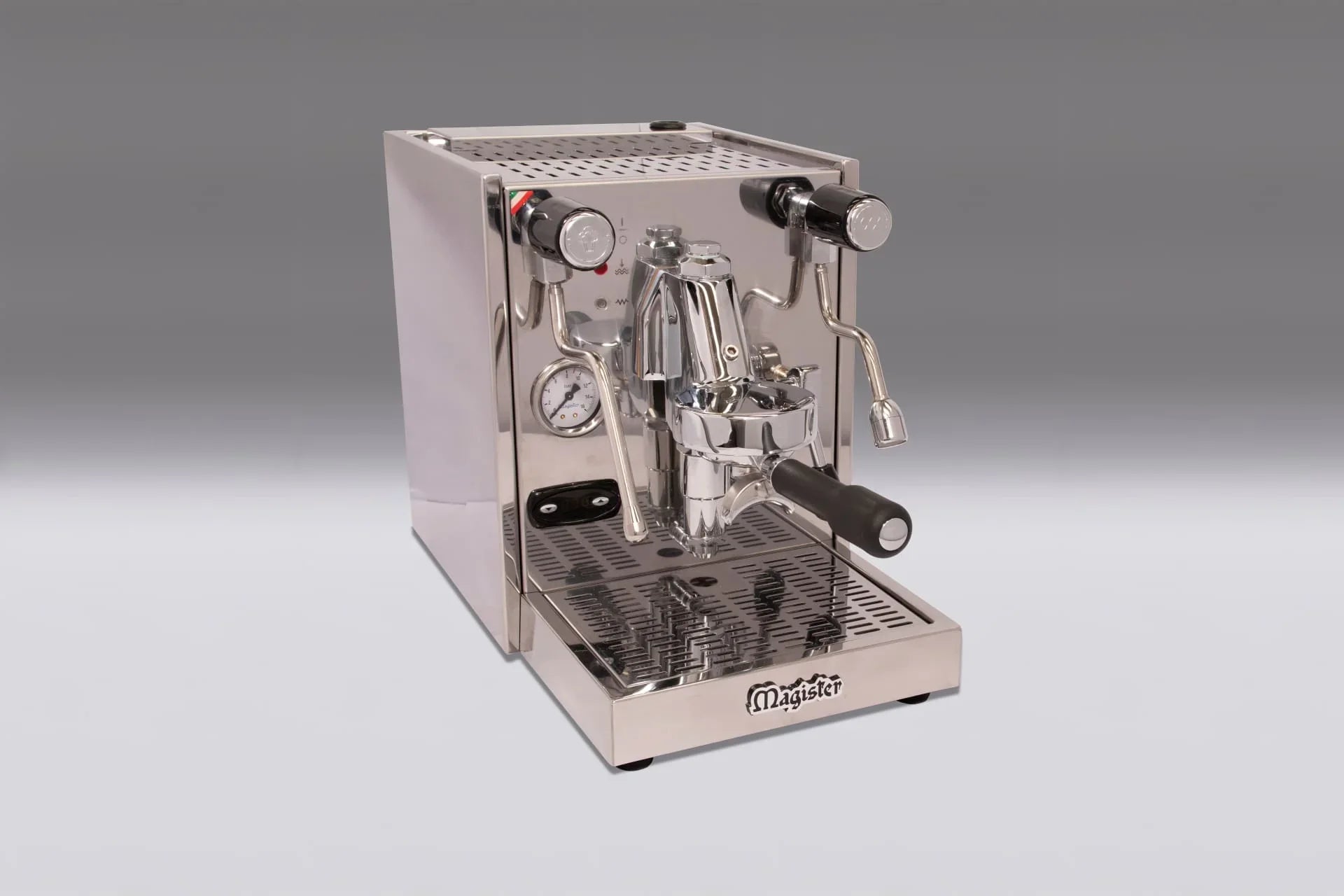 Magister stainless steel espresso machine with pressure gauge and dual steam wands on gray background