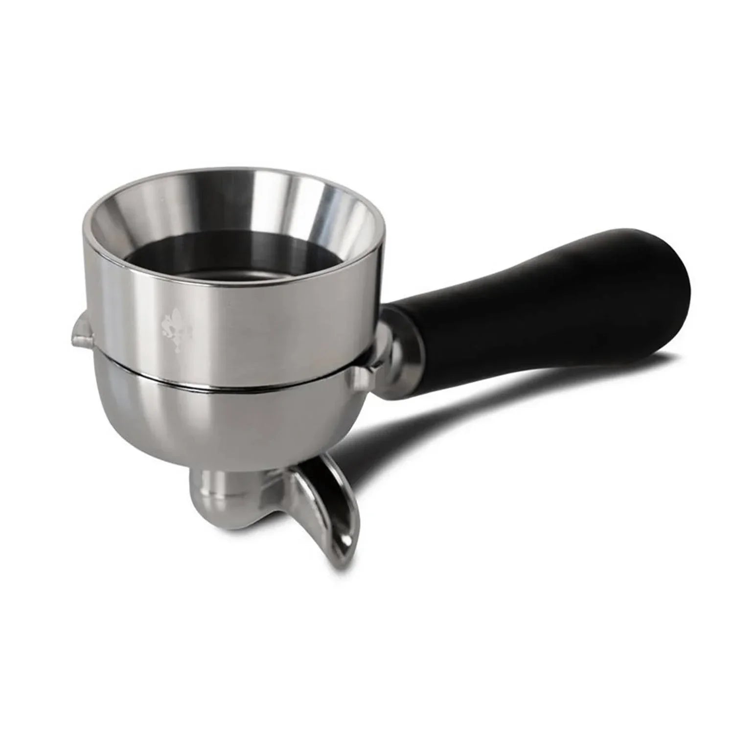 Rvs espressopoederhouder met zwarte handgreep voor professionele espressomachines